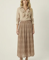 Modenaire Women's Plaid Pleated Maxi Skirt With Side Pockets