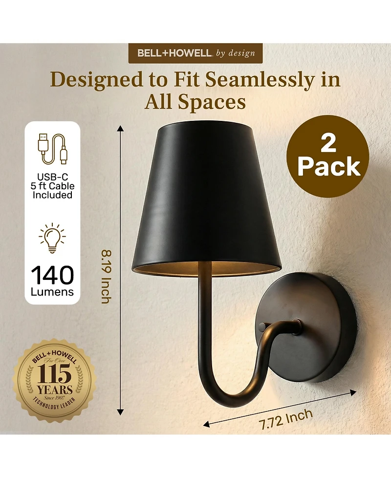 Bell + Howell Set of 2 Modern Metal Shade Dimmable Led Rechargeable Cordless Touch Control Lights Wall Sconces