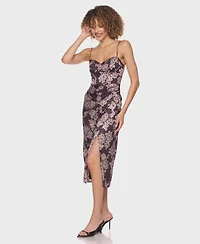 B Darlin Juniors Sweetheart Neck Printed Satin Midi Dress with Spaghetti Straps Skirt Slit