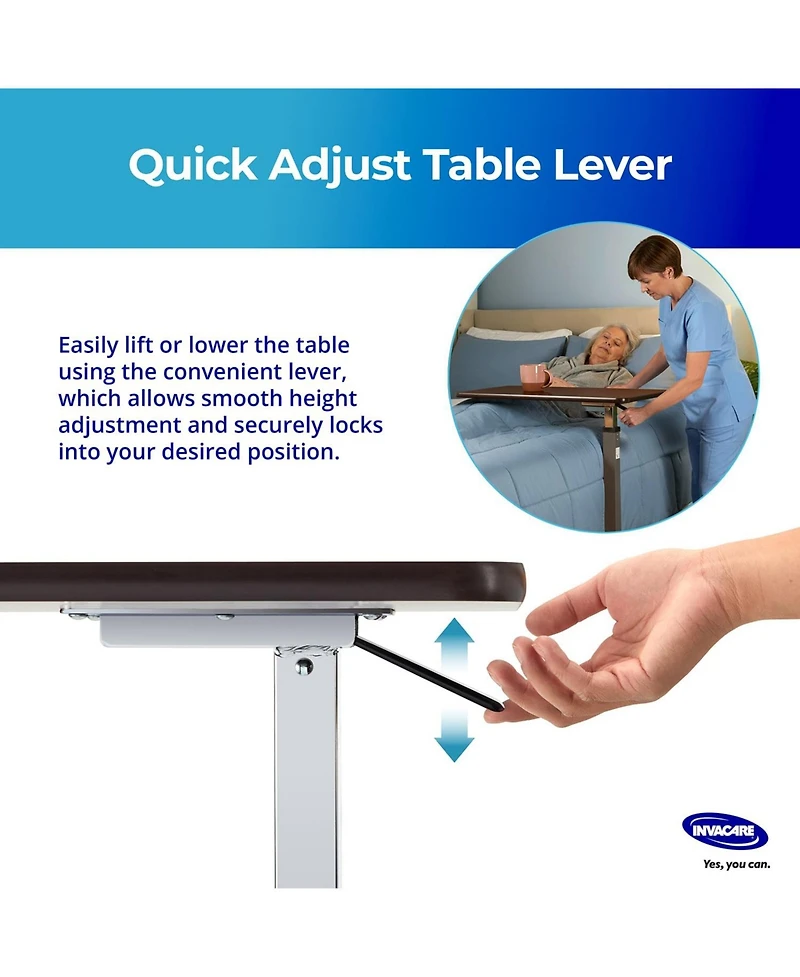 Invacare Adjustable Medical Bedside Table - Waterproof Rolling Hospital Tray Table w/L-Shaped Base