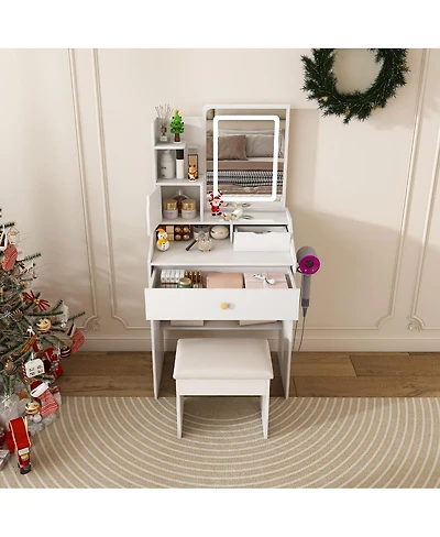 Streamdale Furniture 3-Color Led Vanity Mirror Table with Stool, 2 Drawers and 5 Storage Cabinets
