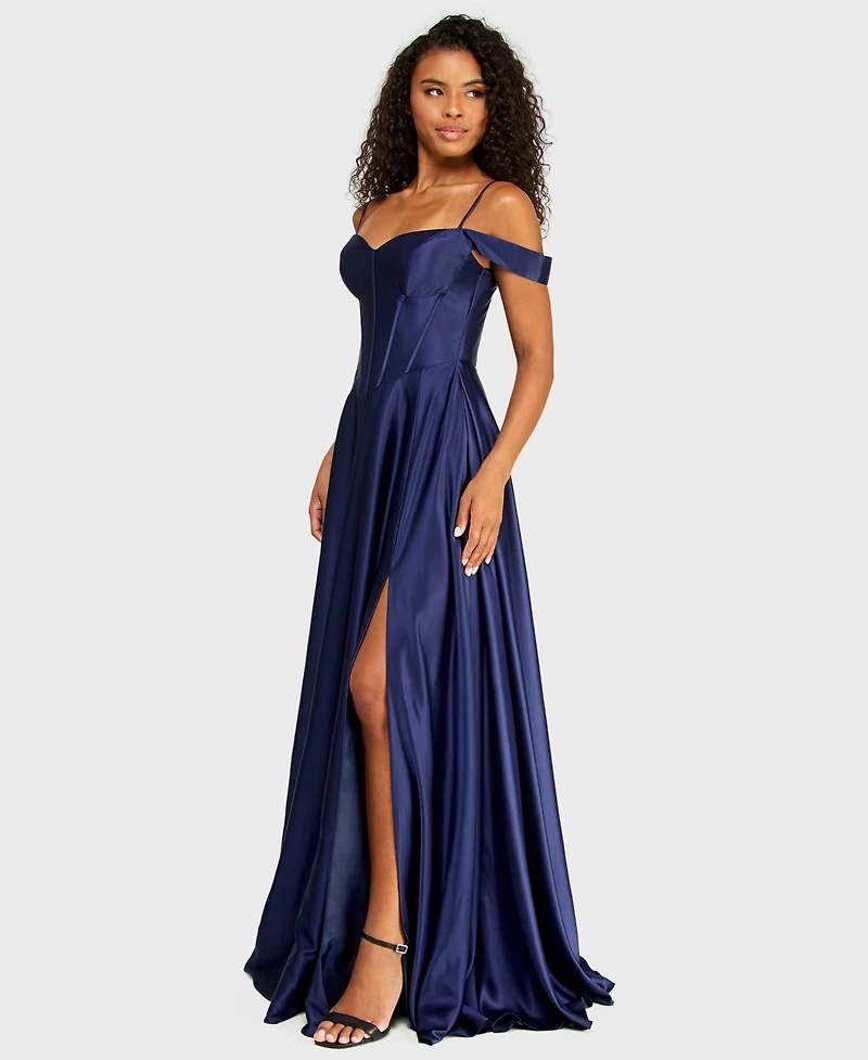 B Darlin Juniors' Off-The-Shoulder Charmeuse Dress