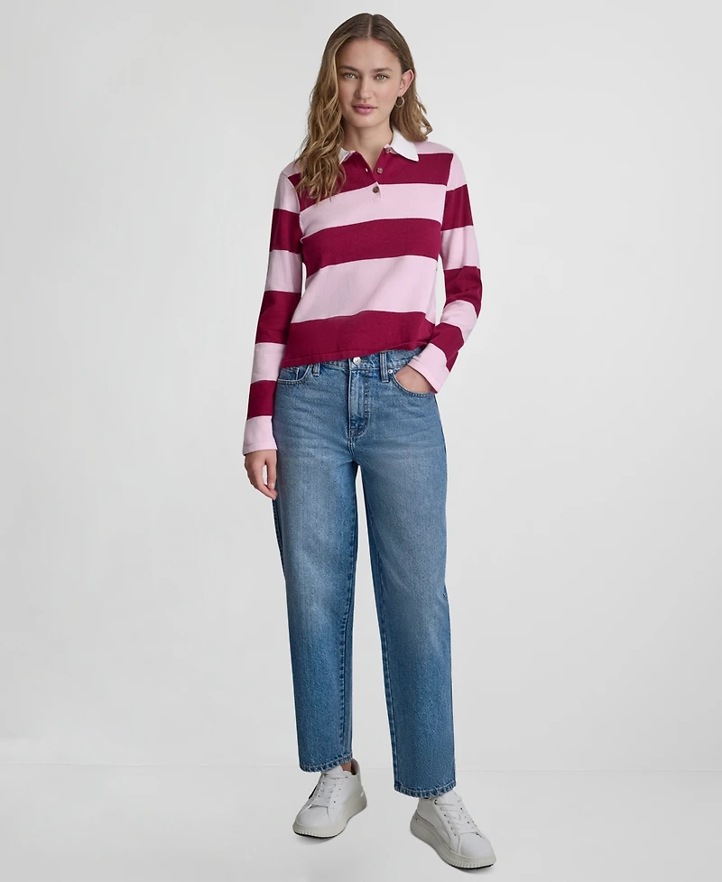 Dkny Jeans Women's Long-Sleeve Logo Charm Multi-Stripe Cotton Polo Sweater