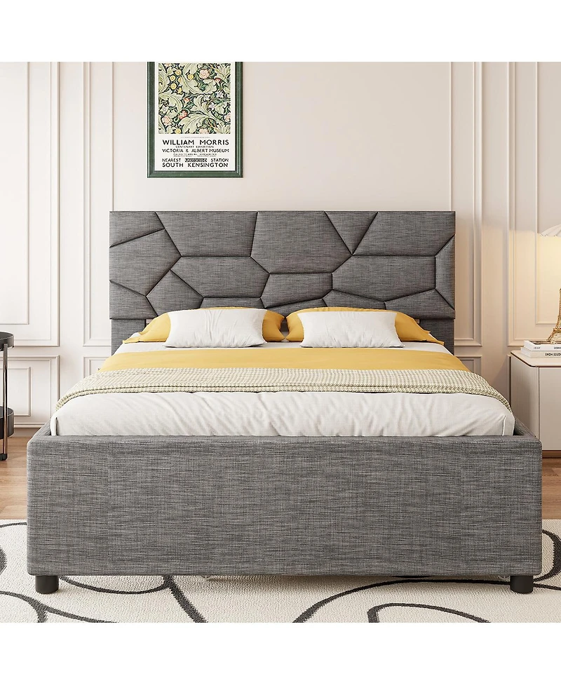 Streamdale Furniture Queen Upholstered Platform Bed with Brick Pattern Headboard and Twin Xl Trundle