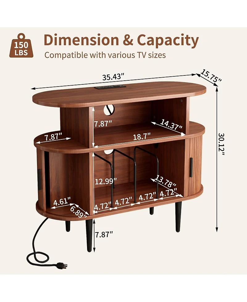 Streamdale Furniture Mid-Century Round Record Player Stand with Charging Station