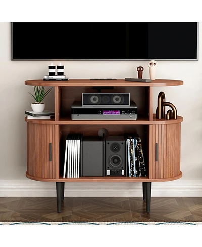 Streamdale Furniture Mid-Century Round Record Player Stand with Charging Station