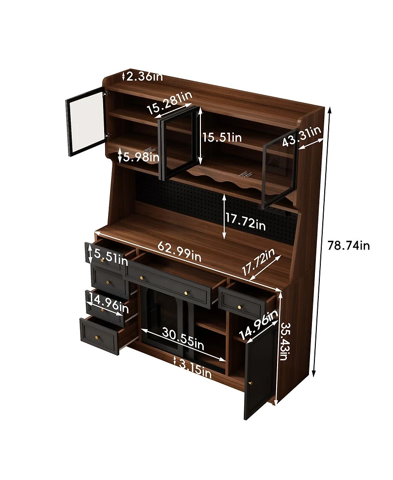 Streamdale Furniture 63'' Buffet Storage Cabinet with Hutch, Coffee Bar, 6 Drawers and Power Outlet