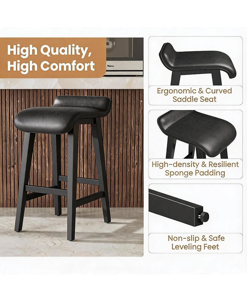 homfan Set of 2/4 Counter Height Bar Stools, Wood Frame, Wide Pu Leather Upholstered Seats, Comfortable, Ideal for Kitchen Island,