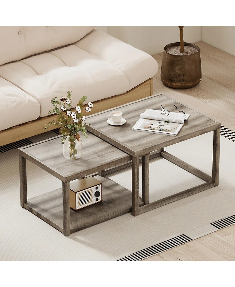 Gymax Nesting Coffee Table Set of 2 Stackable Rectangular End Tables With Storage Shelf