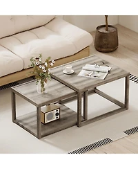 Gymax Nesting Coffee Table Set of 2 Stackable Rectangular End Tables With Storage Shelf