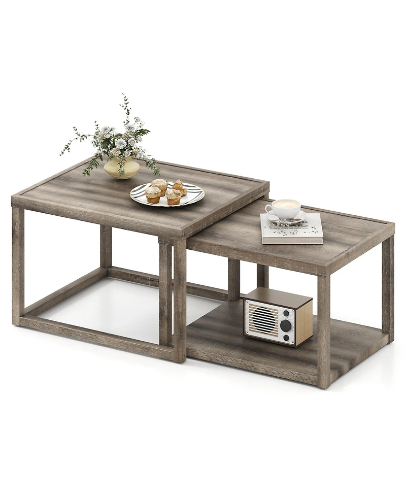 Gymax Nesting Coffee Table Set of 2 Stackable Rectangular End Tables With Storage Shelf