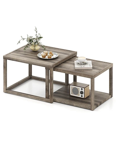 Gymax Nesting Coffee Table Set of 2 Stackable Rectangular End Tables With Storage Shelf