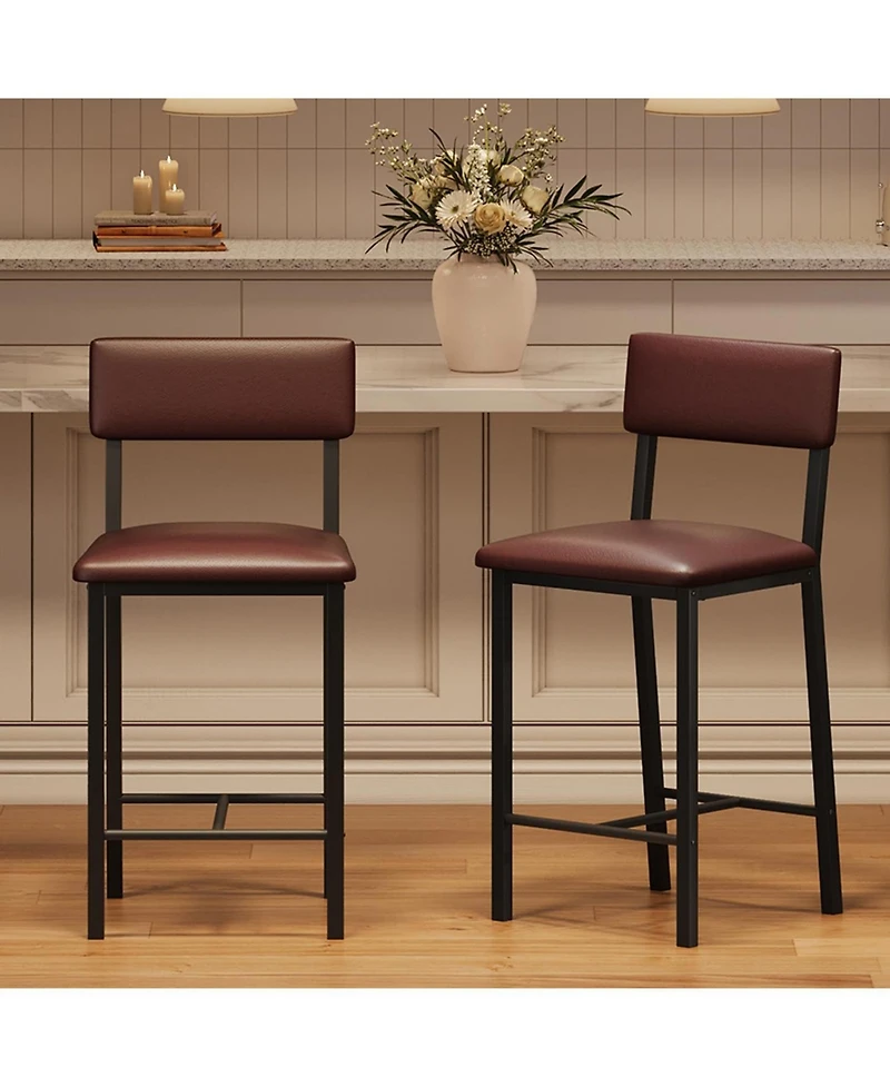 homfan 2 Pack 25" Counter Height Stools, Ergonomic Pu Leather Seats with Backrest & Footrest, Metal Frame, Easy-Clean for Indoor Use