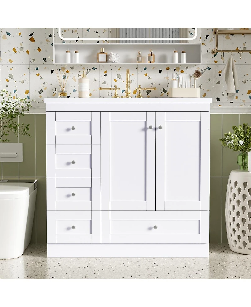 Sillysis 36 Inch Bathroom Vanity with Resin Sink, Shaker Style Mdf Cabinet, 4 Soft Close Drawers, Storage for Small Spaces