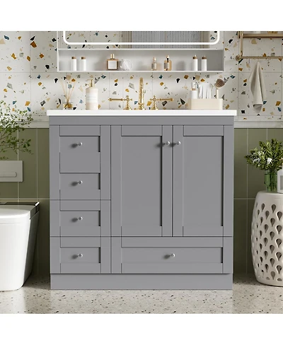 Sillysis 36 Inch Bathroom Vanity with Resin Sink, Shaker Style Mdf Cabinet, 4 Soft Close Drawers, Storage for Small Spaces
