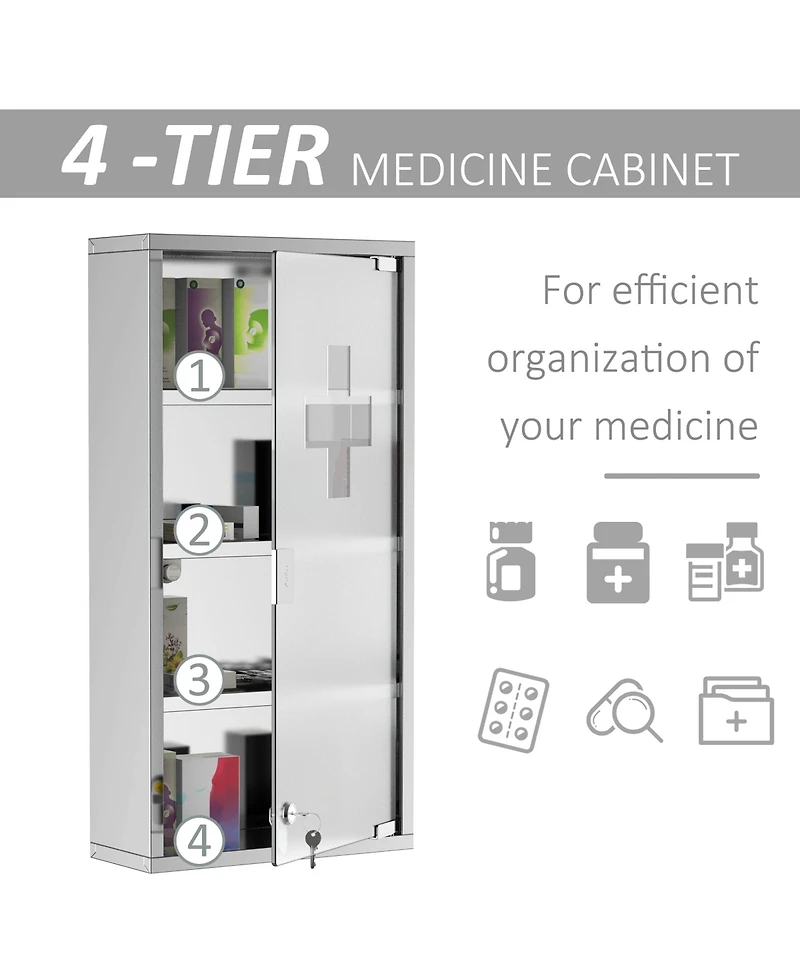 Midola Wall Mounted Medicine Cabinet with 4 Tier Shelves, Stainless Steel Frame and Glass Door, Lockable with 2 Keys for Home