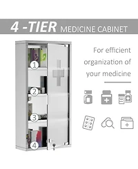 Midola Wall Mounted Medicine Cabinet with 4 Tier Shelves, Stainless Steel Frame and Glass Door, Lockable with 2 Keys for Home