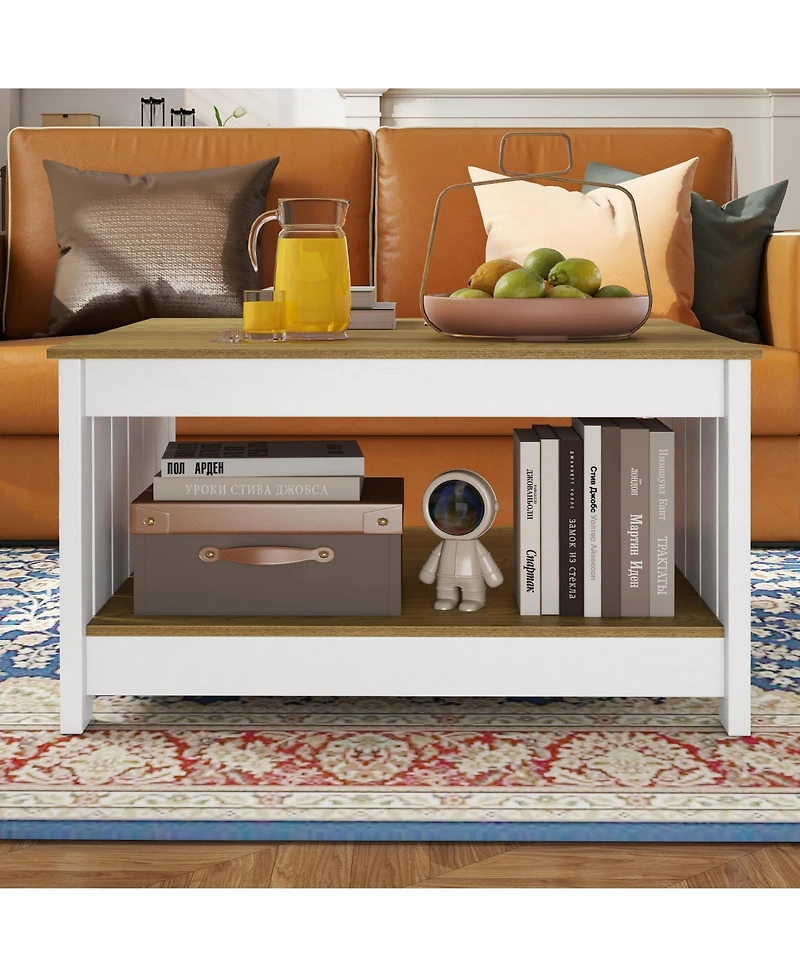 Gymax Coffee Table with Storage Shelf Farmhouse Rustic Center Table Space-Saving
