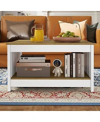 Gymax Coffee Table with Storage Shelf Farmhouse Rustic Center Table Space-Saving