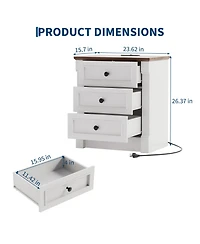 gaomon 23.6" Farmhouse Nightstand with Charging Station, 3 Drawers, Rustic Wood Bedside Table, Roman Column Design for Bedroom/Living