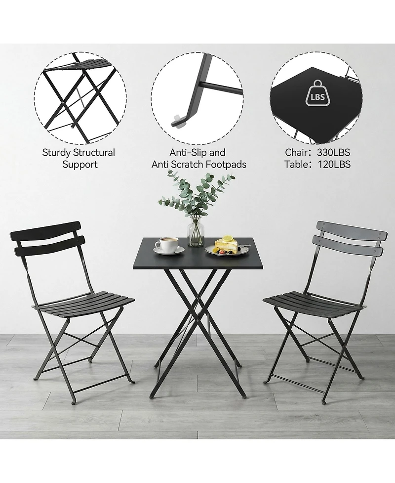 homfan 3-Piece Foldable Patio Bistro Set, Metal Square Table and 2 Folding Chairs for Outdoor Indoor Balcony Porch Deck Garden
