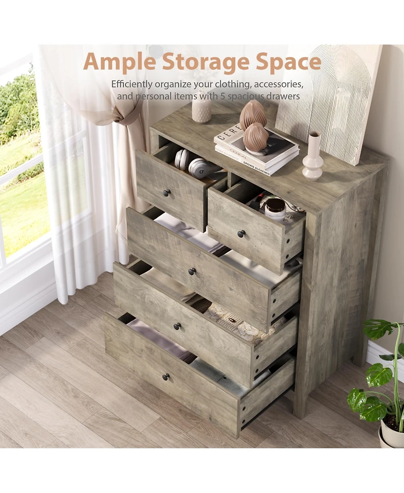 homfan Modern 5 Drawer Dresser for Bedroom - Tall Wooden Chest, Storage Organizer, Drawers Entryway, Hallway, Closet, Kids Room, Home Office