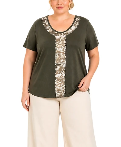 Coin 1804 Plus Python Mesh Inset Short-Sleeve Top