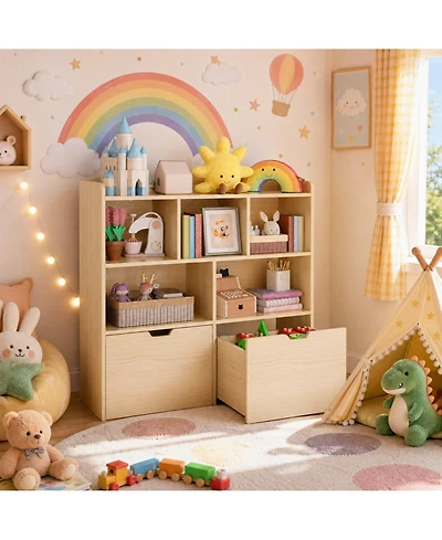 homfan Multifunctional Toy Storage Organizer, Kids Bookshelf with 5 Cubbies and 2 Drawers, Chest for Playroom, Bedroom, Hallway, Classroom
