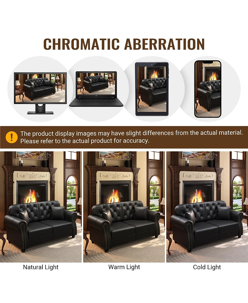 Streamdale Furniture Faux Leather Chesterfield Sofa with Nailhead Trim and 2 Pillows