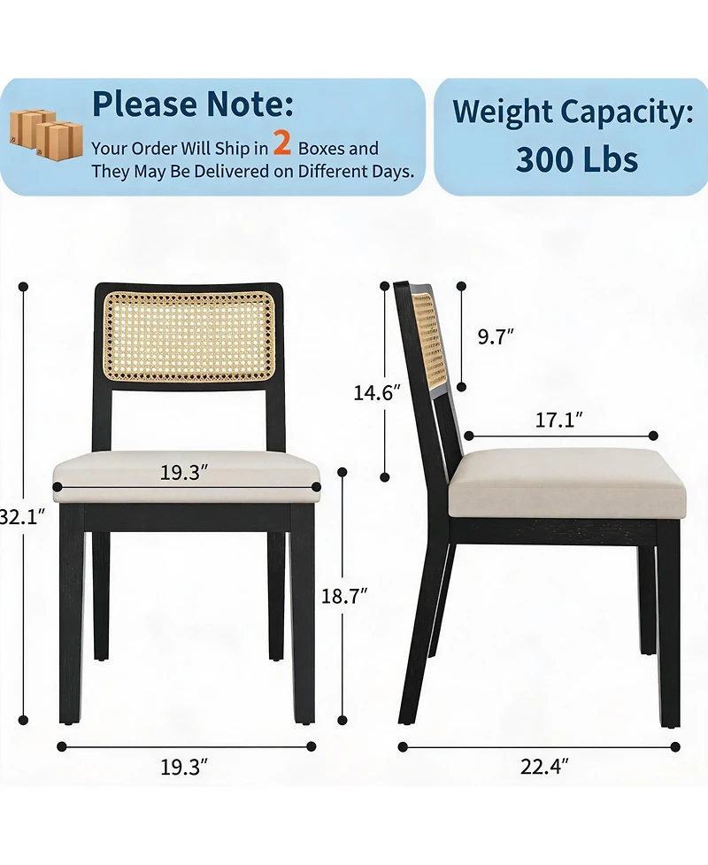 homfan Modern Armless Rattan Dining Chairs, Upholstered Linen Seat, Sturdy Wood Frame, Breathable Backrest - Ideal for Kitchen, Room