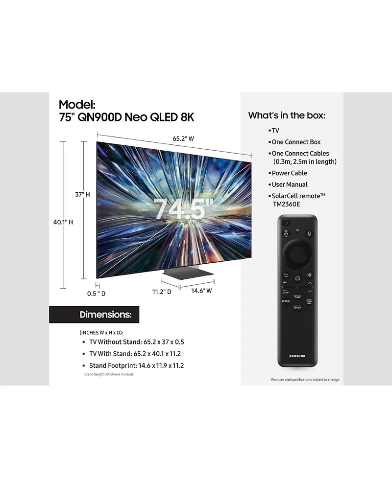 Samsung QN75QN900DFXZA 75" Class QN900D Neo Qled 8K Smart Tv (2024)