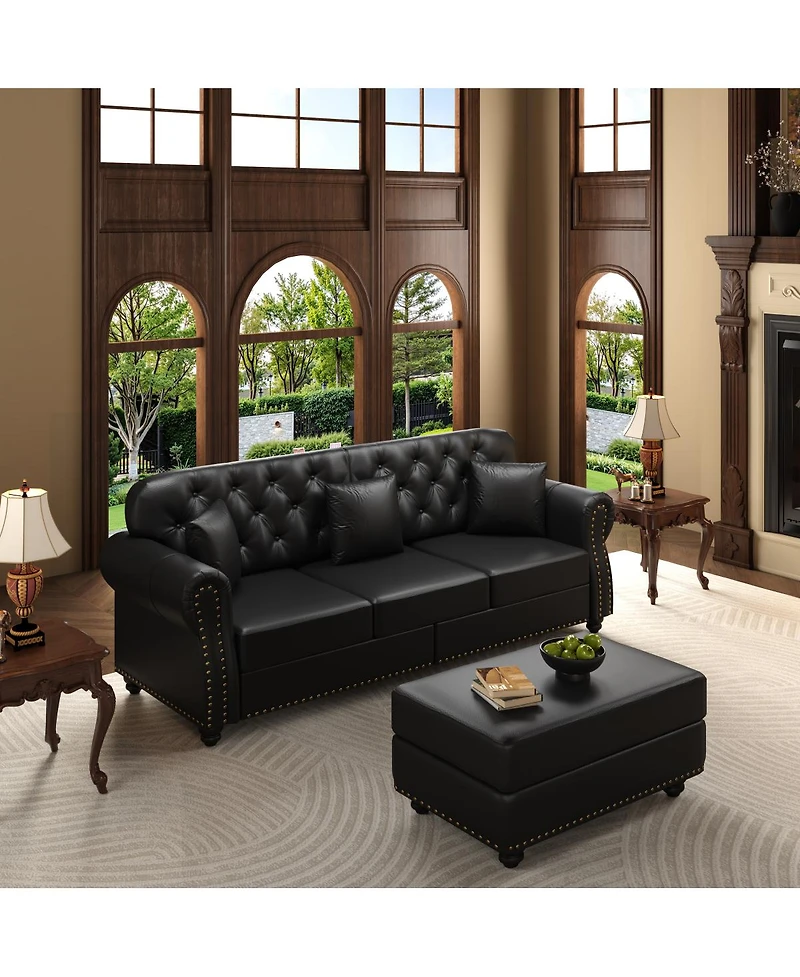Streamdale Furniture Faux Leather Chesterfield Sofa with Nailhead Trim and 2 Pillows