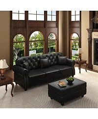 Streamdale Furniture Faux Leather Chesterfield Sofa with Nailhead Trim and 2 Pillows
