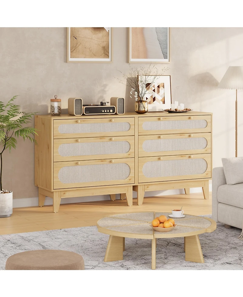 homfan Modern Rattan 3 Drawer Dresser for Bedroom - Wooden Farmhouse Storage Chest with Handles and Anti-Tip Kit