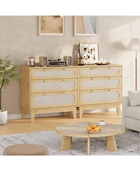 homfan Modern Rattan 3 Drawer Dresser for Bedroom - Wooden Farmhouse Storage Chest with Handles and Anti-Tip Kit
