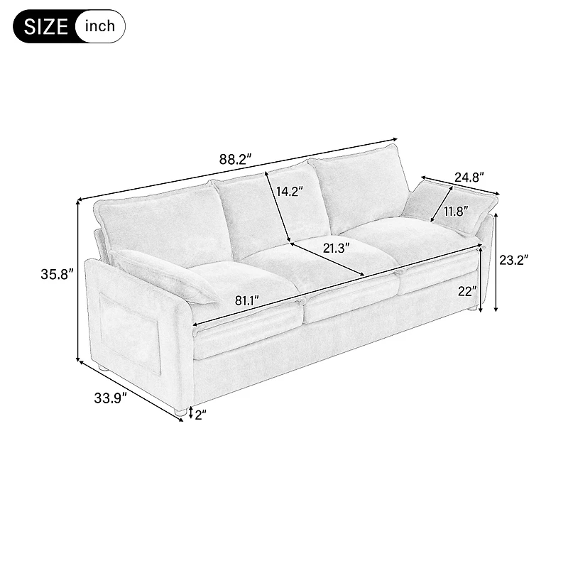 Streamdale Furniture Modern Plush Upholstered Sofa with Double-Layer Cushions and Side Pockets