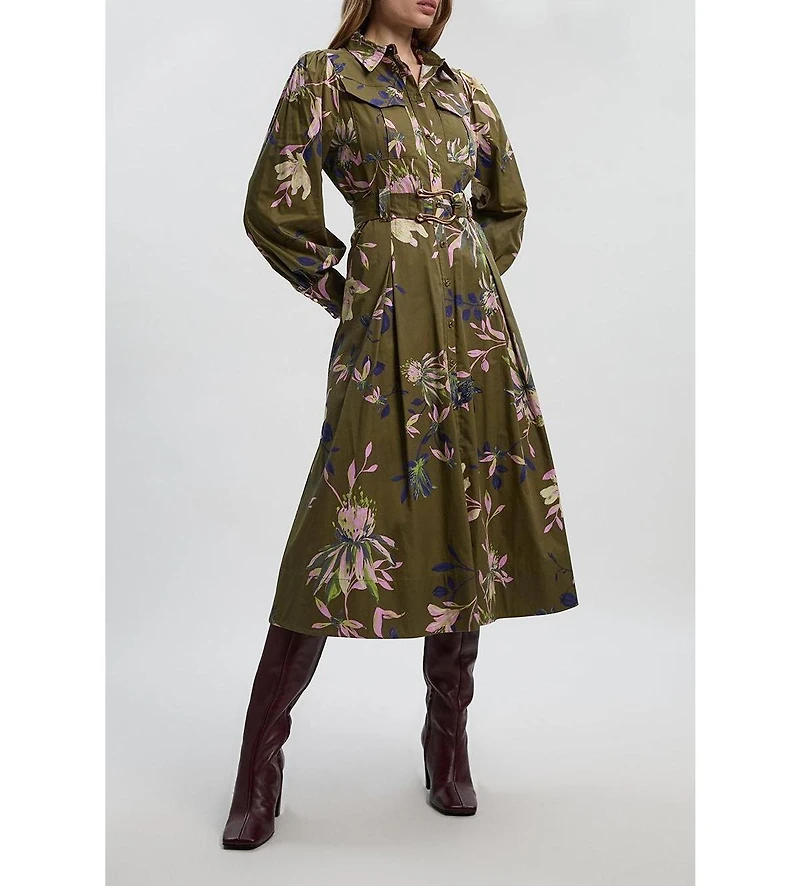 Karen Millen Women's Floral Cotton Sateen Midi Shirt Dress