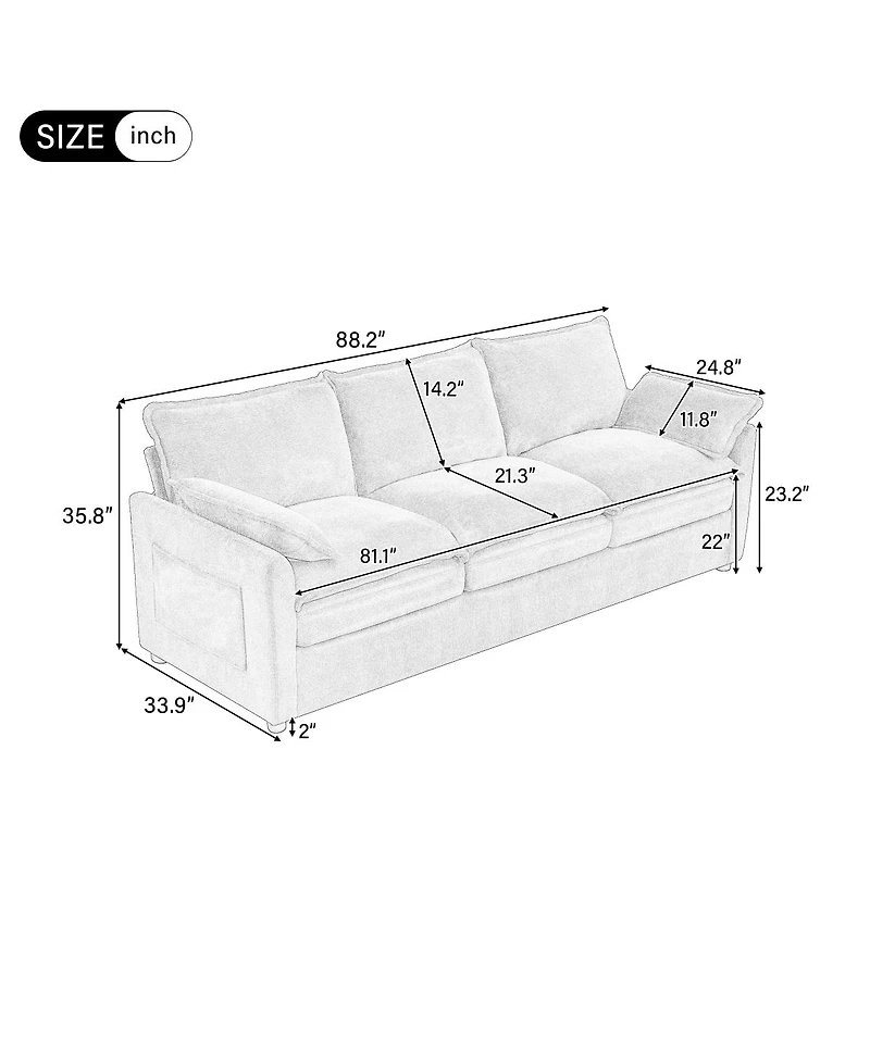 Streamdale Furniture Modern 3-Seater Plush Upholstered Sofa with Side Storage Pockets