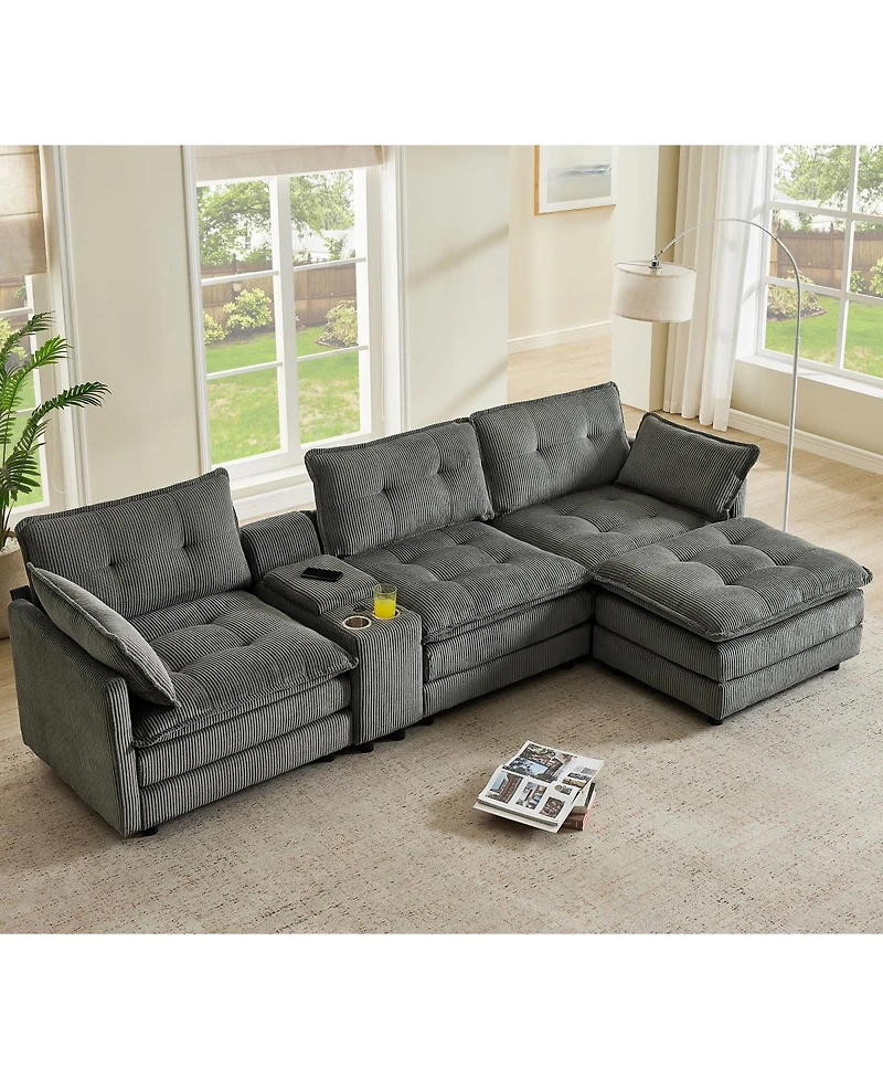 Streamdale Furniture" L-Shaped Corduroy Modular Sectional Sofa with Ottoman and Console
