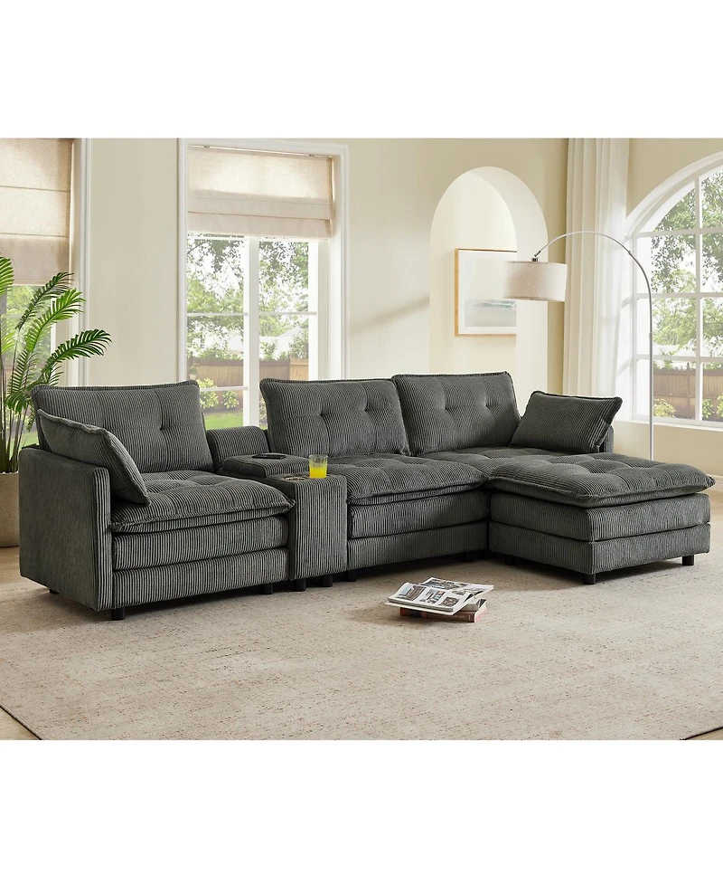 Streamdale Furniture" L-Shaped Corduroy Modular Sectional Sofa with Ottoman and Console