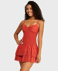 Alexa & Sophia Juniors' V-Neck Embroidered Eyelet Dress with Tiered Skirt and Lace Trim Detail