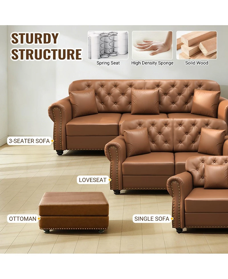 Streamdale Furniture Faux Leather Chesterfield Sofa with Nailhead Trim and Rolled Arms