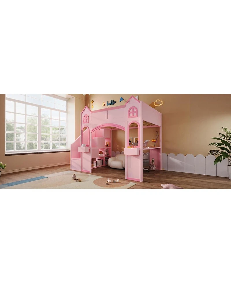 Streamdale Furniture Wood Castle Loft Bed with Storage, Desk, and Led Lights