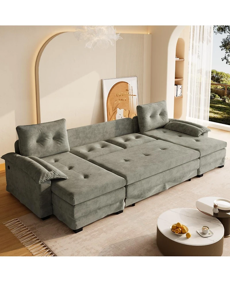 Streamdale Furniture U-Shaped Sleeper Sofa with Pull-Out Bed and Usb Ports