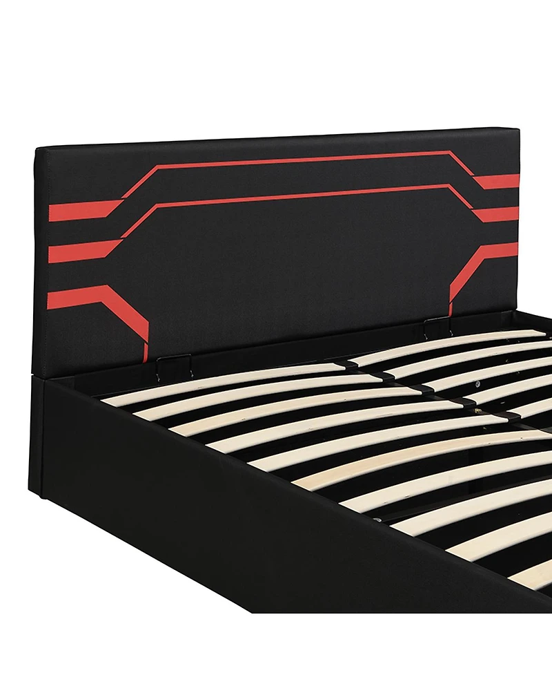 Streamdale Queen Size Hydraulic Storage Gaming Bed Frame, Cyberpunk Design, Black+Red