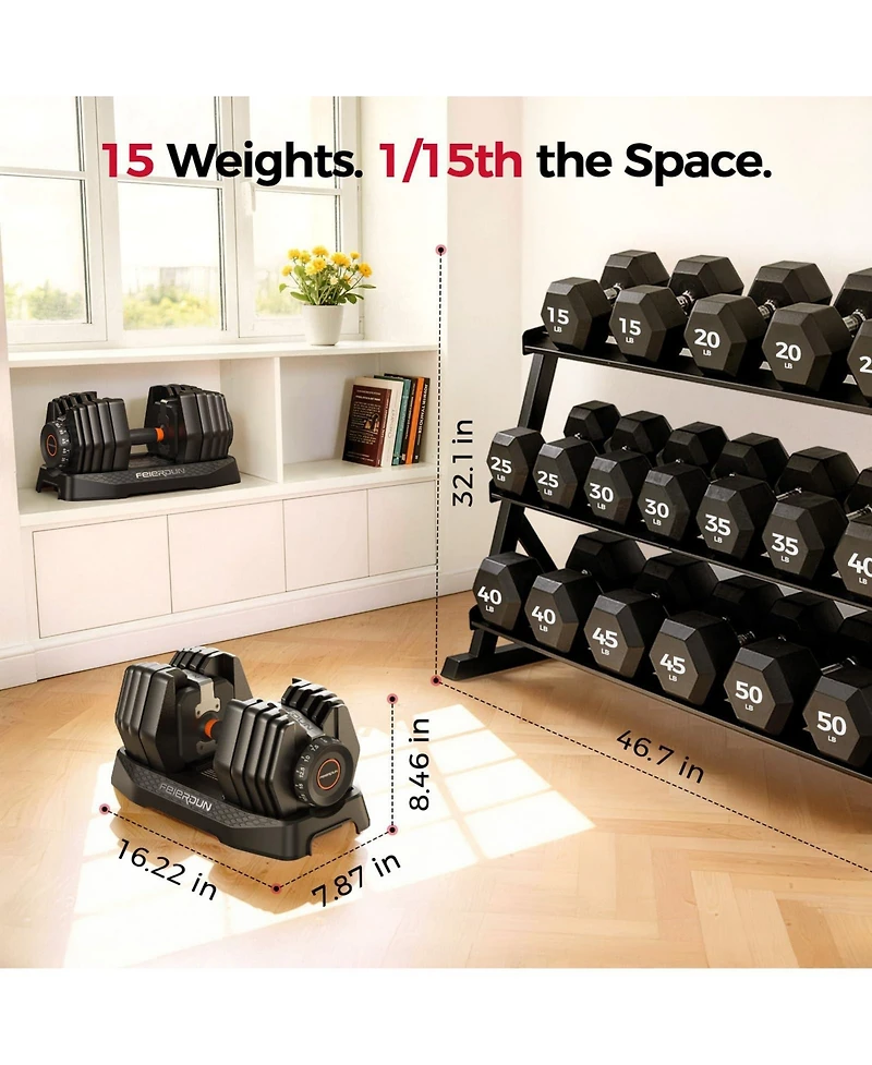 Fed Fitness 105LB Total Weight 15-in-1 Adjustable Dumbbell, Quick Dial 5-52.5LBS Heavy-Duty Single Dumbbell with Storage Box and Fitness App