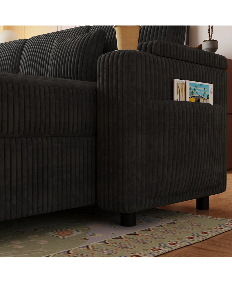 Streamdale Furniture U-Shaped Corduroy Sofa Bed with Usb, Storage, and Cup Holders