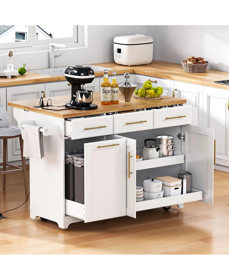 Streamdale Furniture 59.3 inch Rolling Kitchen Island with Drop Leaf, Storage, Power Outlet and Trash Bin
