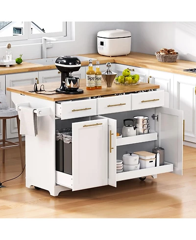 Streamdale Furniture 59.3 inch Rolling Kitchen Island with Drop Leaf, Storage, Power Outlet and Trash Bin