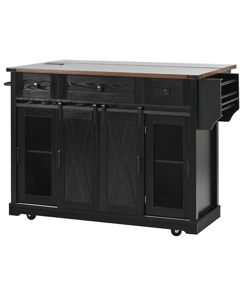 Streamdale Furniture 58inch Farmhouse Rolling Kitchen Island with Storage, Drop Leaf and Barn Doors
